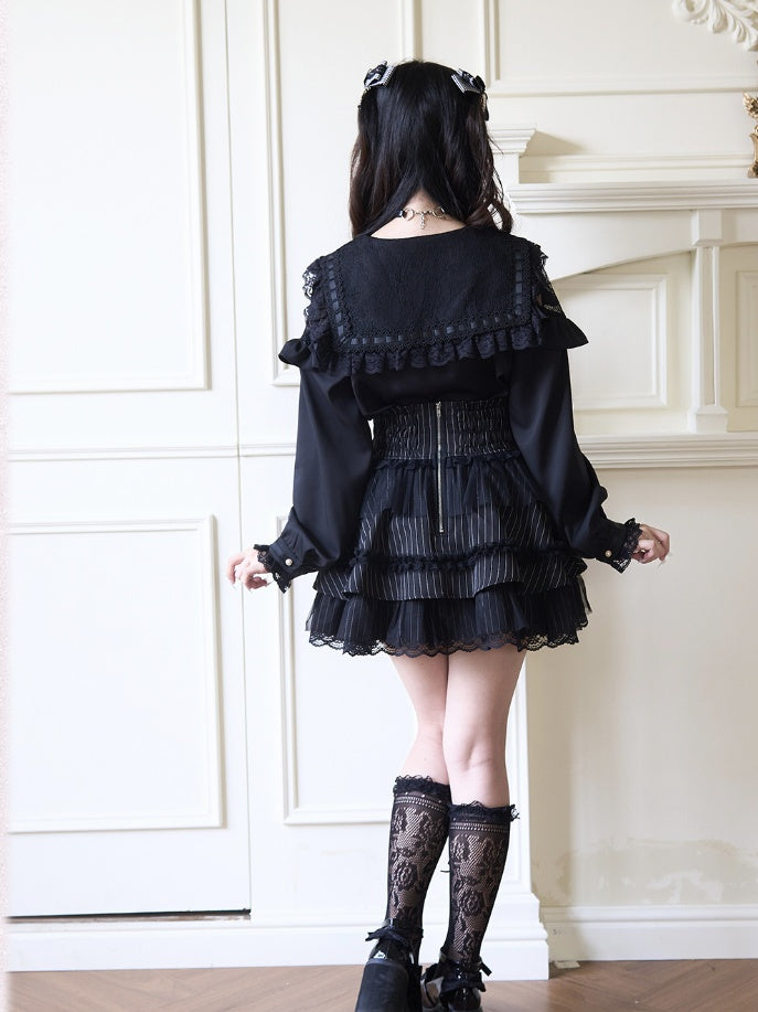 Black Rhinestones Bowknots Blouse Jirai Kei Sailor Collar Ruffled Lace Trim