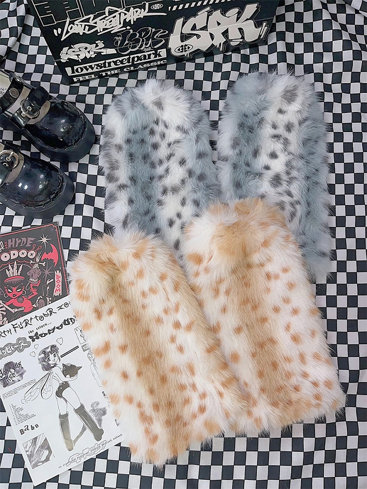 Gelb/Staubblaue Leoparden-Beinwärmer mit zotteligem Fell