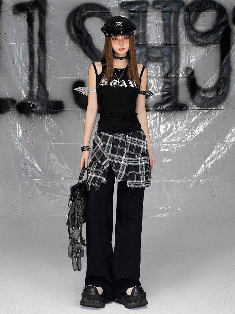 Black Print Design Double Shoulder Straps Sleeveless Top