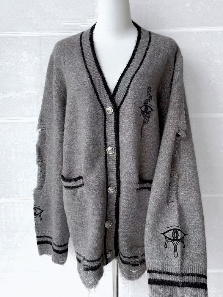 Gray with Guro Kawaii Eye and Snake Embroidery Distressed Holes Knit Cardigan