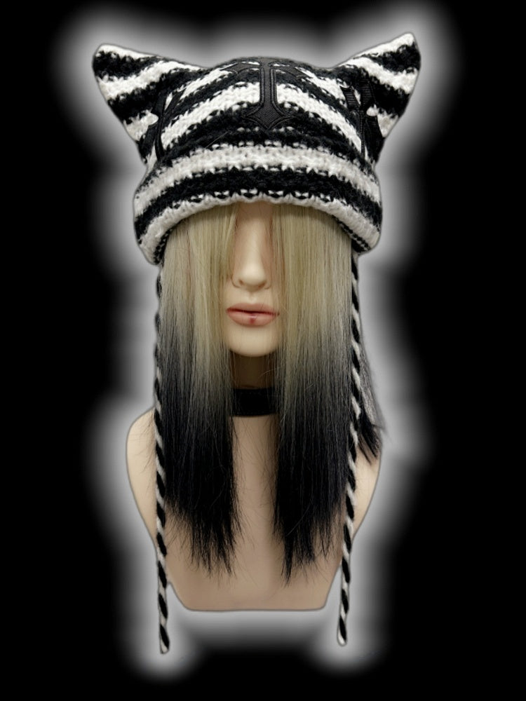 Black and White Cross Appliques Cat Ears Striped Beanie