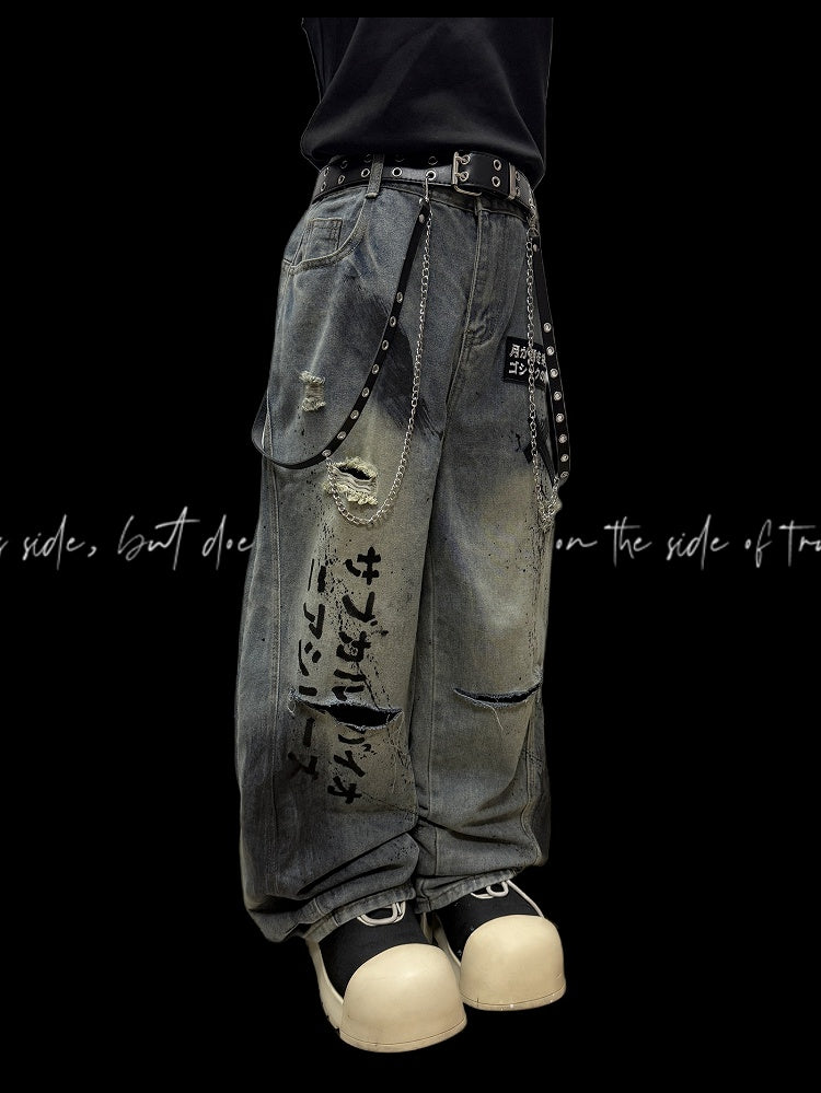 Applique And Blue Cut Details Cross Distressed Holes Letter Wide-leg Jeans
