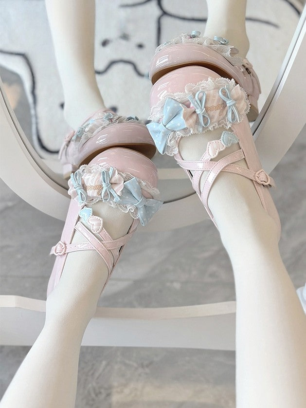 Bow Janes Candy Lolita PU Style Low - Pink Heel Mary Akzente mit Schuhen