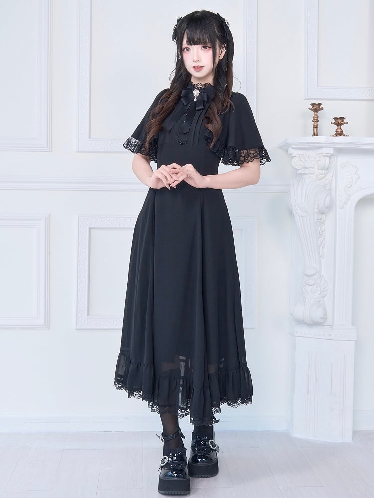 Langes Kleid mit Spitzenbesatz und kostenloser Schleifenbrosche, Jirai Kei, ganz in Schwarz