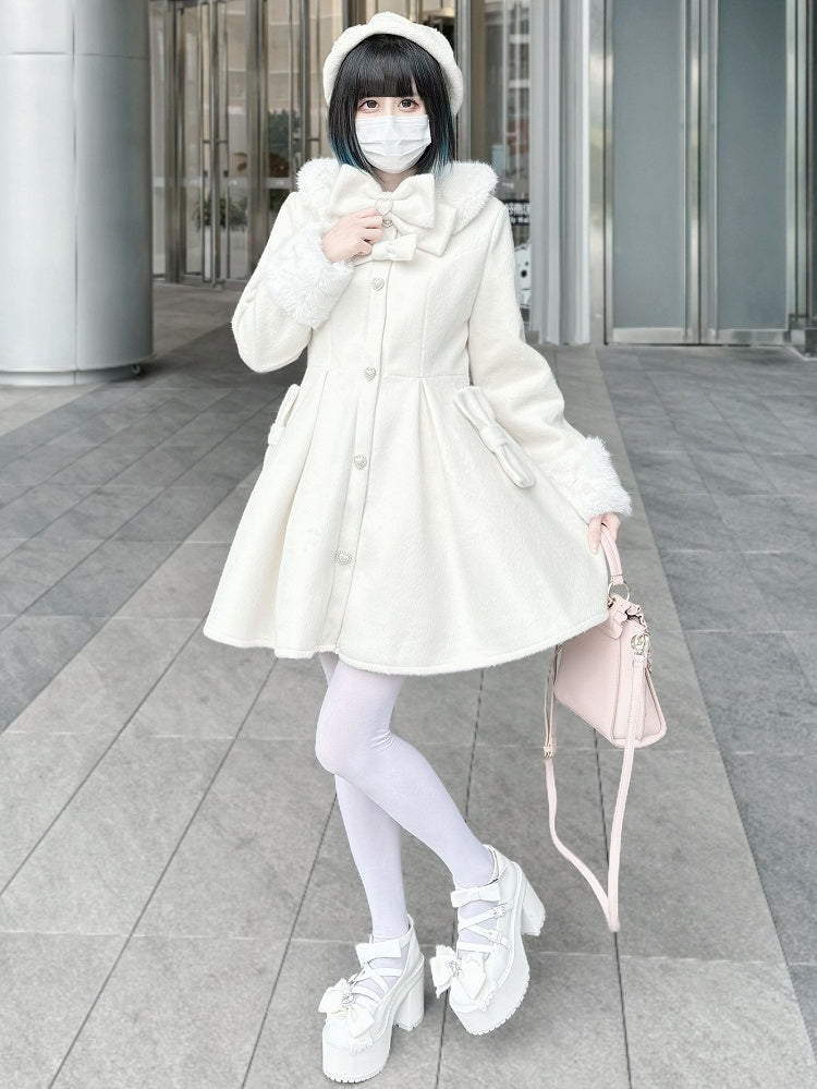 Bowknot Jirai Beige Kei Details Collar and Decorated Plush Cuffs Coat Beaded