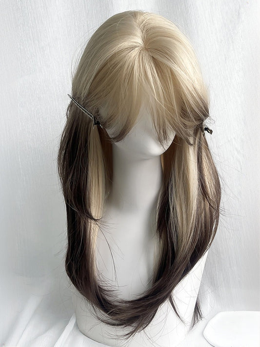 Blonde-black Ombre Long Straight Synthetic Wig with Curtain Bangs