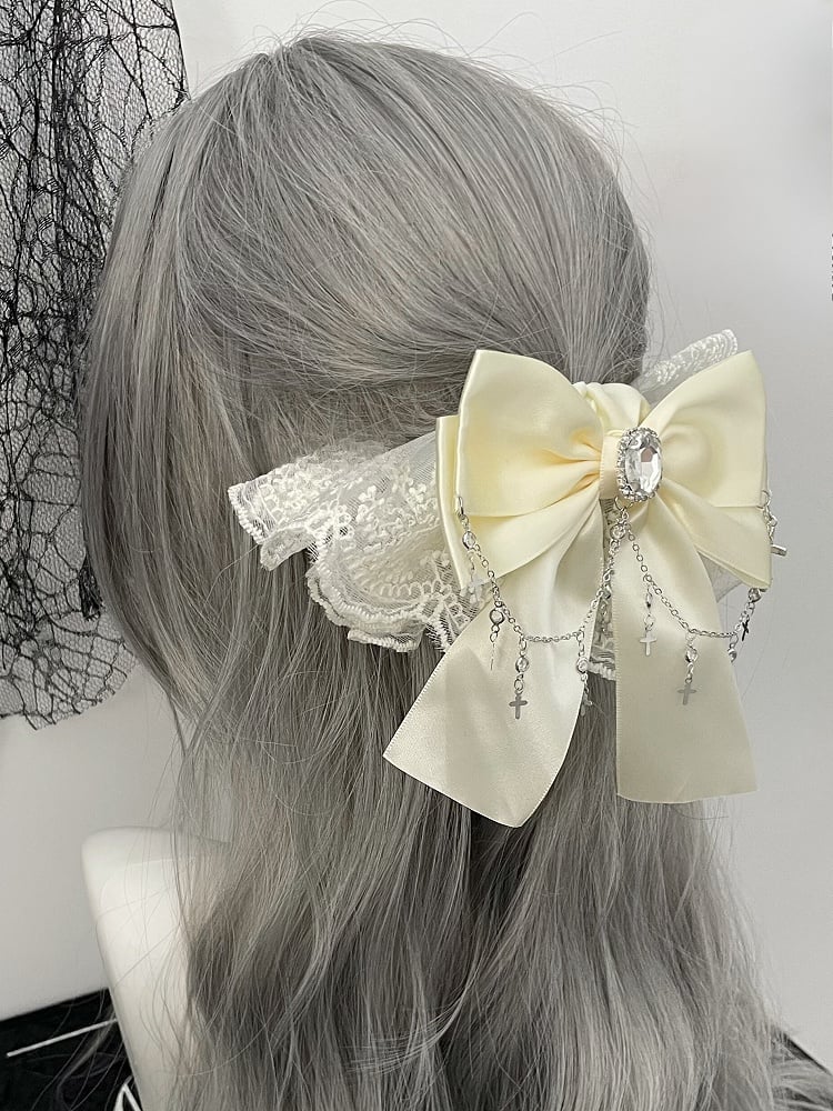 Decorated Rhinestone Hair Cross Bowknot Charm Trim Tie Black/Beige Lace