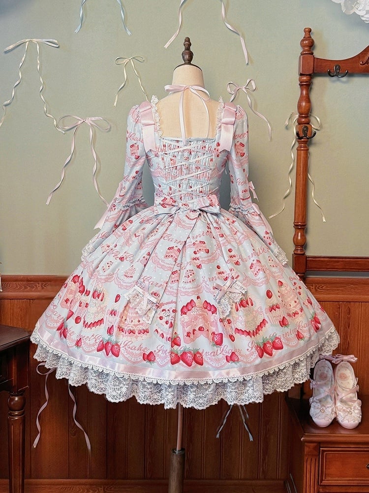 Blue Lolita Dress Bell Cake Piece Long Strawberry Sleeves One Sweet Print