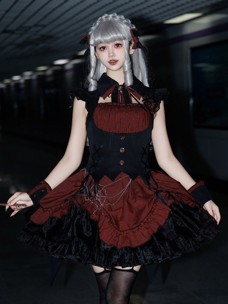 Lolita Halloween Gothic Kordelzug mit schwarzem Muster und Taille, gestreiftes rotes Kleid