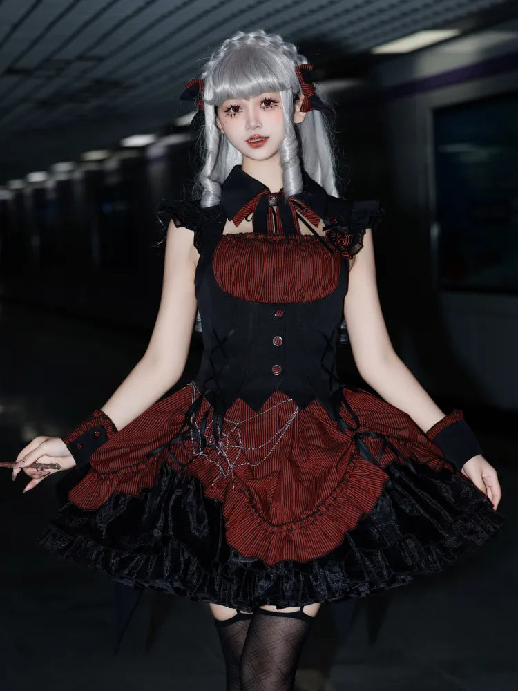 Red and Black Boned Waist Drawstring Striped Pattern Hem Halloween Gothic Lolita Dress
