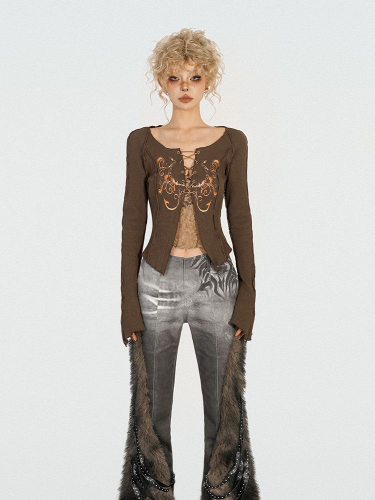 Vintage Top Patch Knit Front Coffee with Crossover Butterfly Off-Shoulder Lace-Up