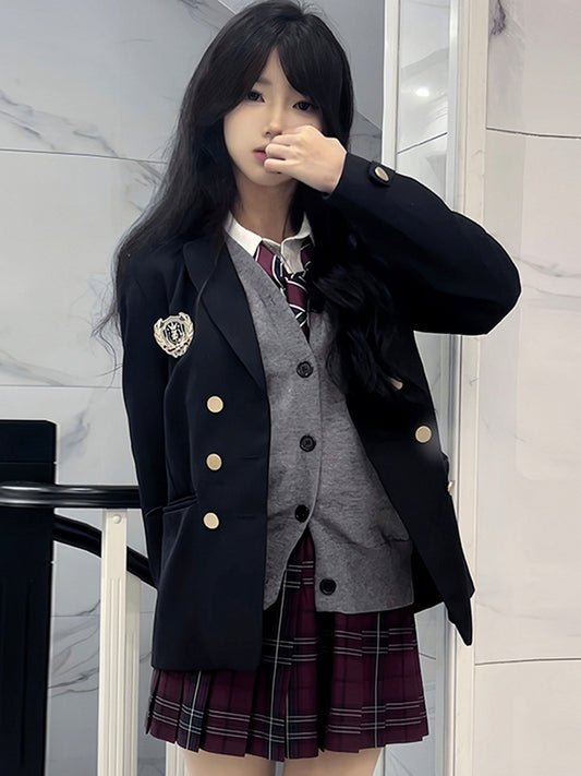 ブルーJK装飾バッジユニフォームダークプレッピーブレザースタイル