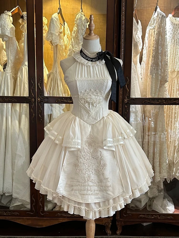 Neck Halter Detail Classic Creamy Dress Lolita Embroidery Backless Delicate