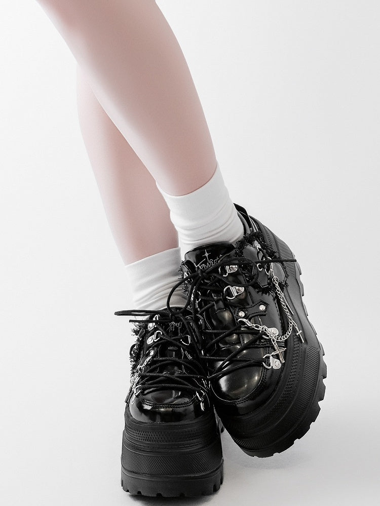 Detachable Black With Punk Front Charm Ties Design Platform Chain Lace-up Cross Shoes