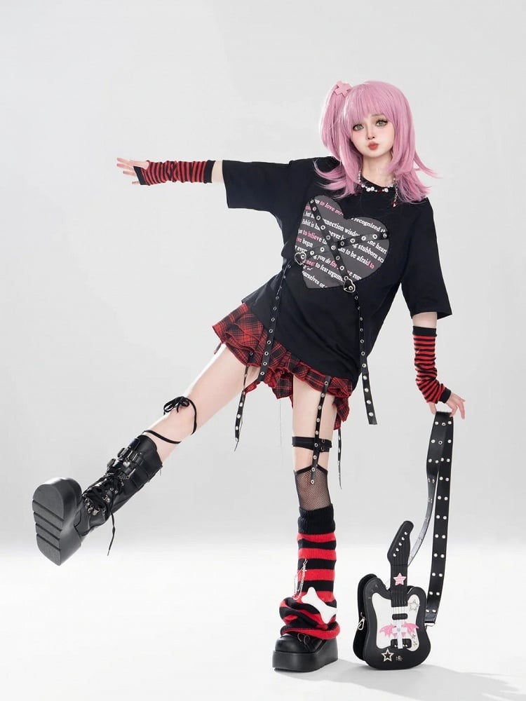Straps + With Metal Grey Print Black Pleated Punk Top Red Buckle Heart Skirt Plaid