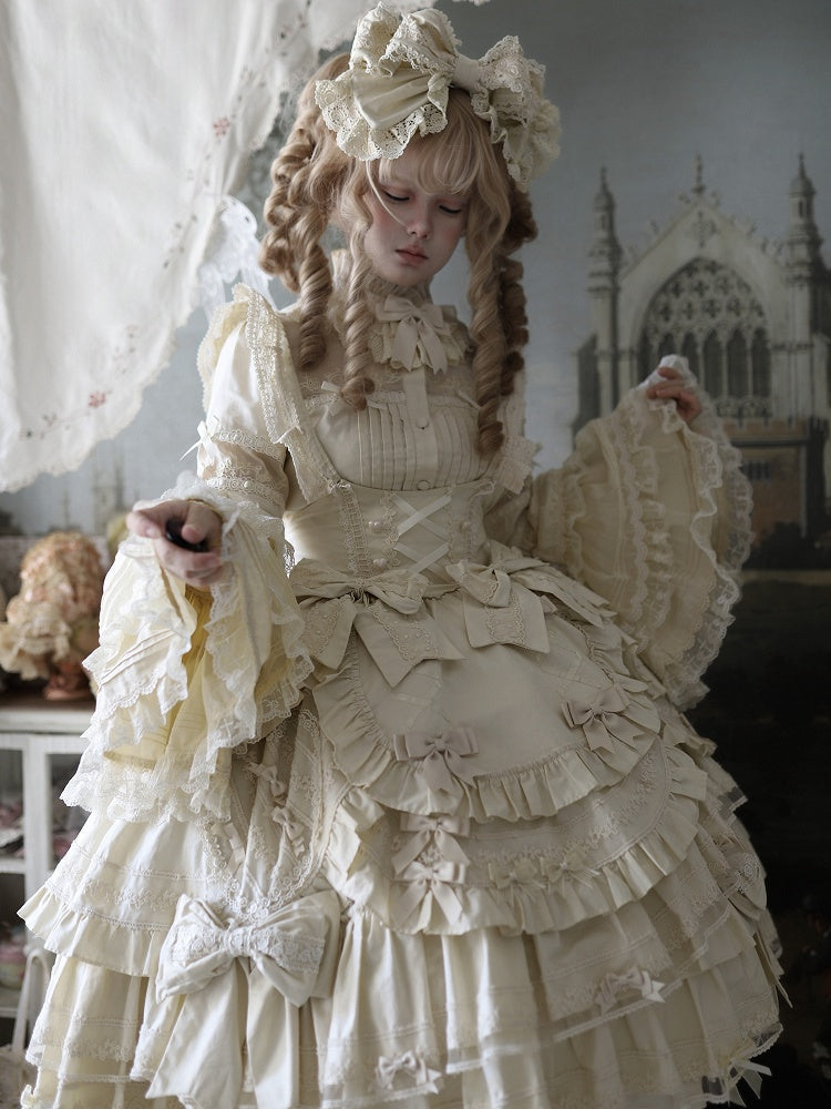 Accents Dress Beige Layered Hem Under Ruffle Sweet Lolita with Bust Bow