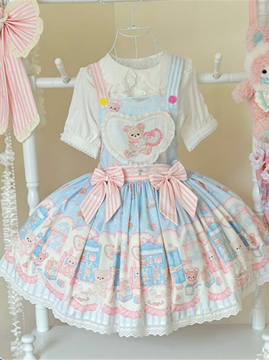 Print Overall Plüschtier Teddy Süßes blaues Kleid Hase Lolita und