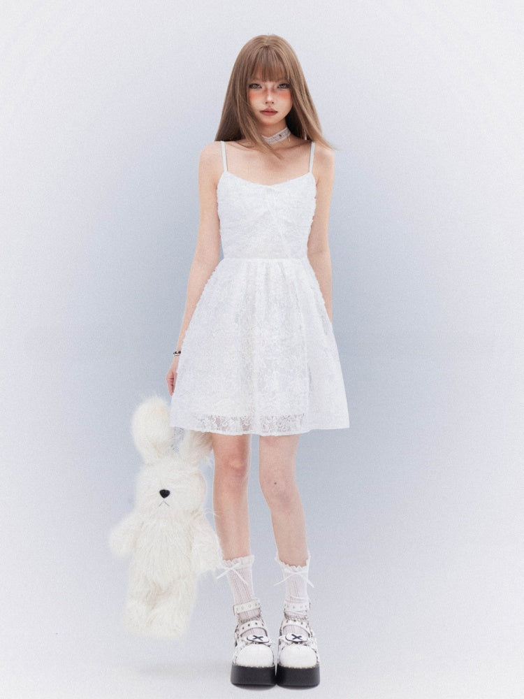 Cami Dress with Self-Tie Bow Elegant Lace White Thigh-length