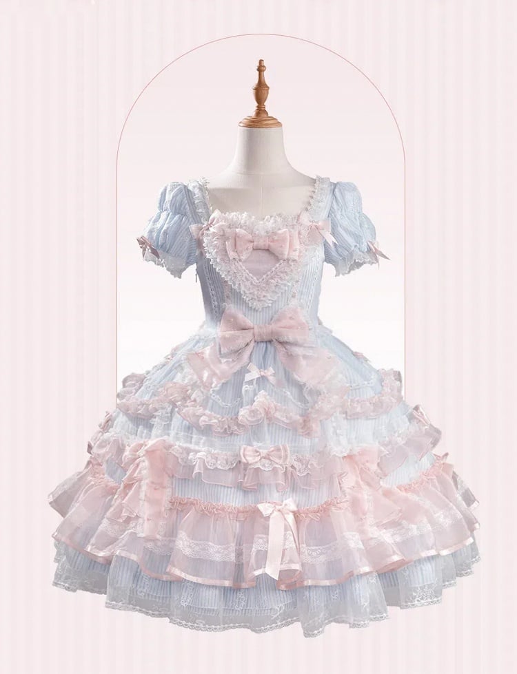 Short Sweet Lolita Princess and Details Bows Pink Blue Striped Dress Bead Sleeves