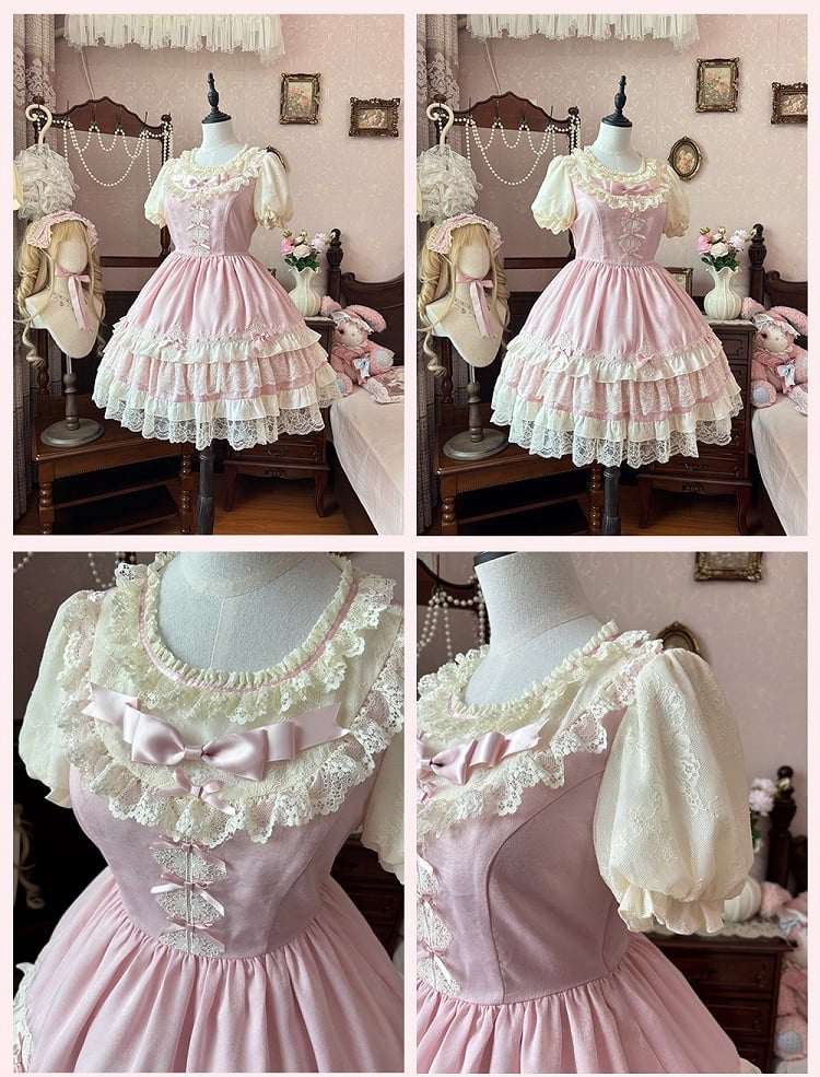 Süßes Lolita-Kleid mit Puffärmeln, Schleife, leichten Details, rosa OP, gestufter Spitzenbesatz
