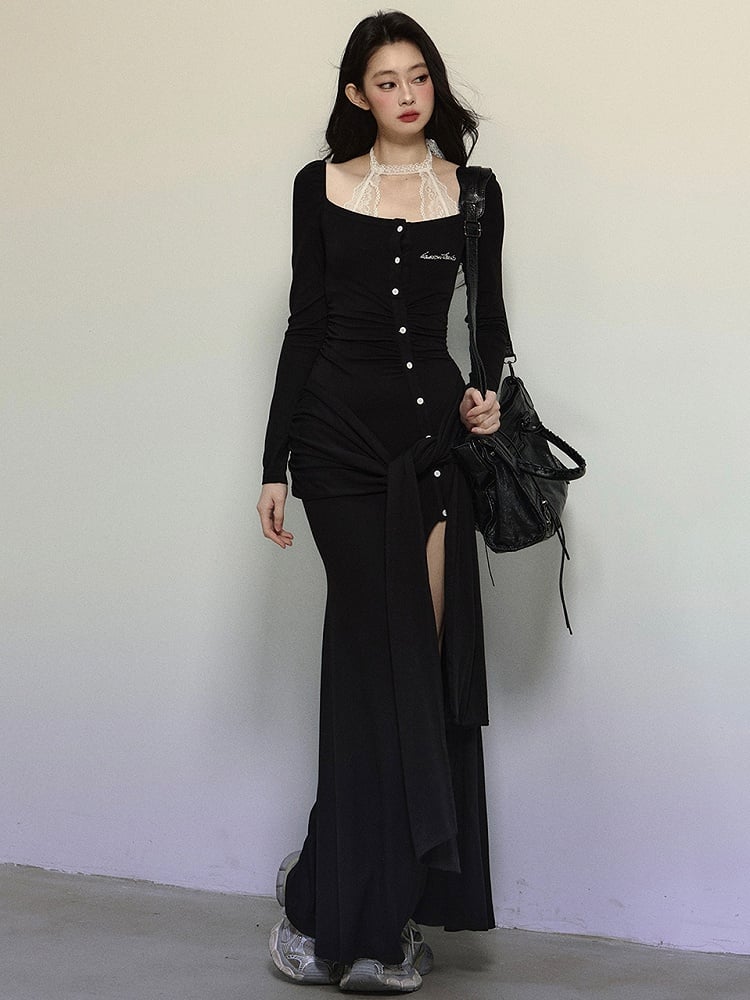 Schwarzes Strickkleid aus Spitze mit Neckholder und selbstbindenden Trägern bis zum Oberschenkel