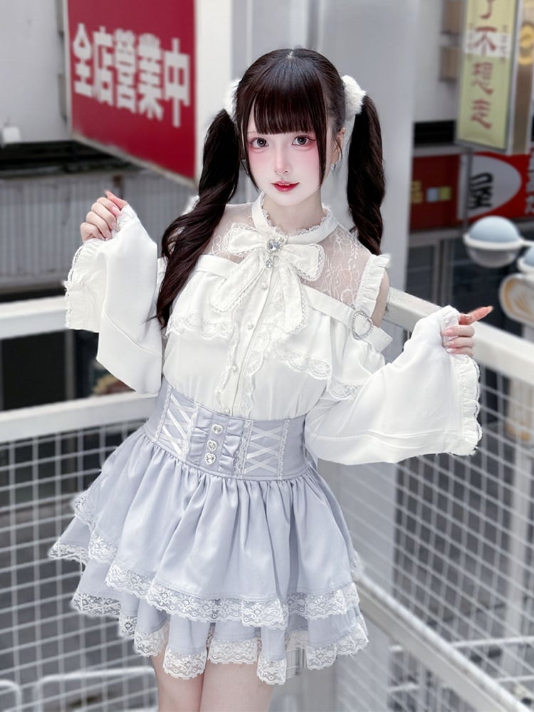 Bell Sleeves Open Shoulder with Blouse White Jirai Kei Three-Piece Set:
