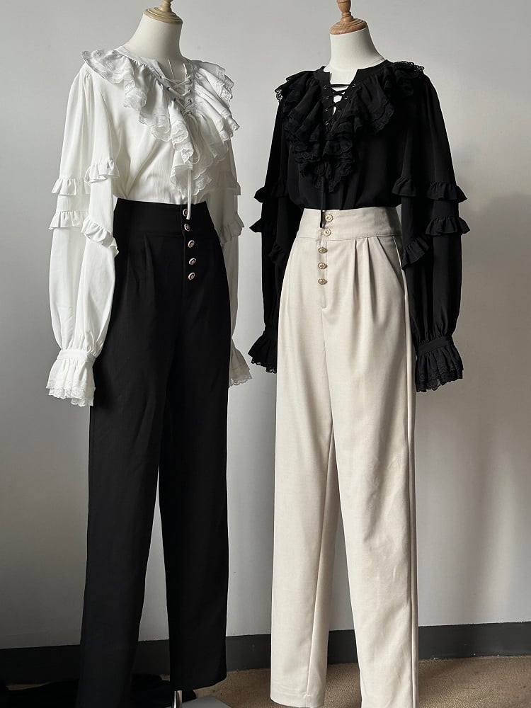 High-Waisted Pants with Details Ouji Button Lolita Black