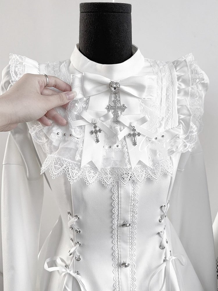 Matching Detachable Set: Bow Lace-Up Bell Sleeve with Waist Shorts Coord Kei Dress White Bib Tie Jirai