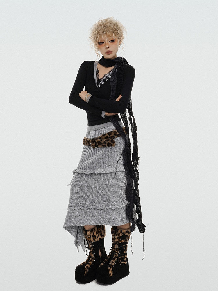 Asymmetrical Grey A-Line Knit Skirt with Rose Ribbon Detail