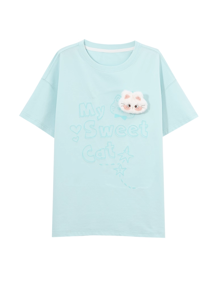 Pink/Mint T-shirt Kitty Plushie Round Neck Kitty Print Loose Blue with