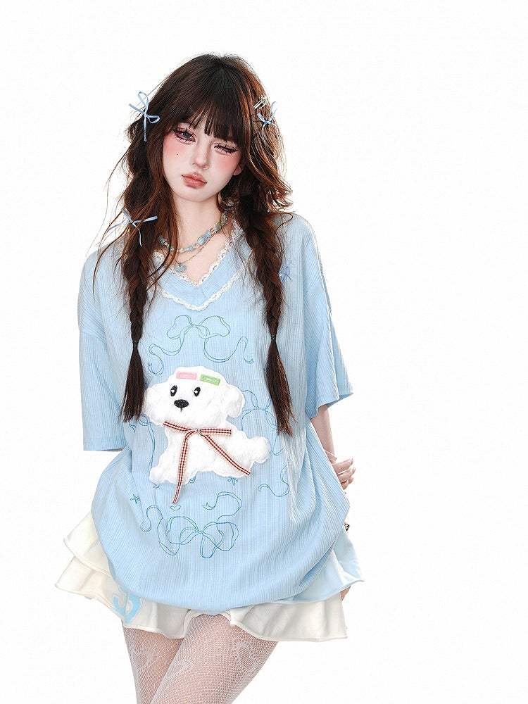 Loose Yume Adorable Puppy Pattern Weiß/Blau T-Shirt Kawaii