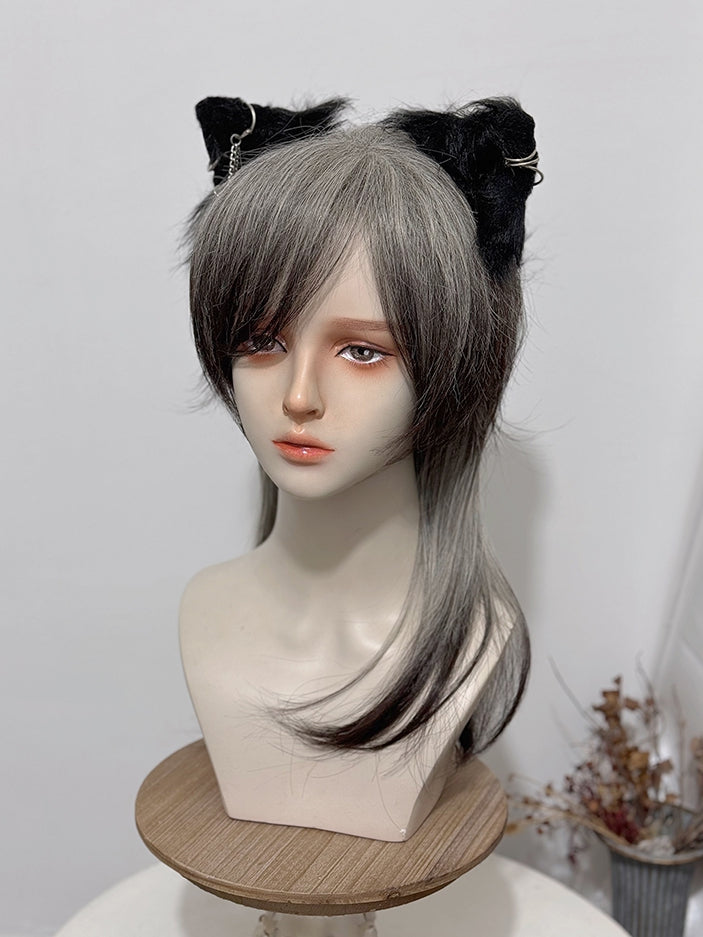 Black 45CM Ouji Bangs Ombre Straight Gray And With Style Length Wig