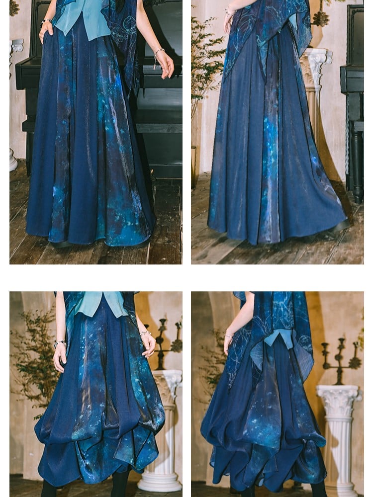 Gradient Convertible Hem Jellyfish Print Skirt with Bubble Blue