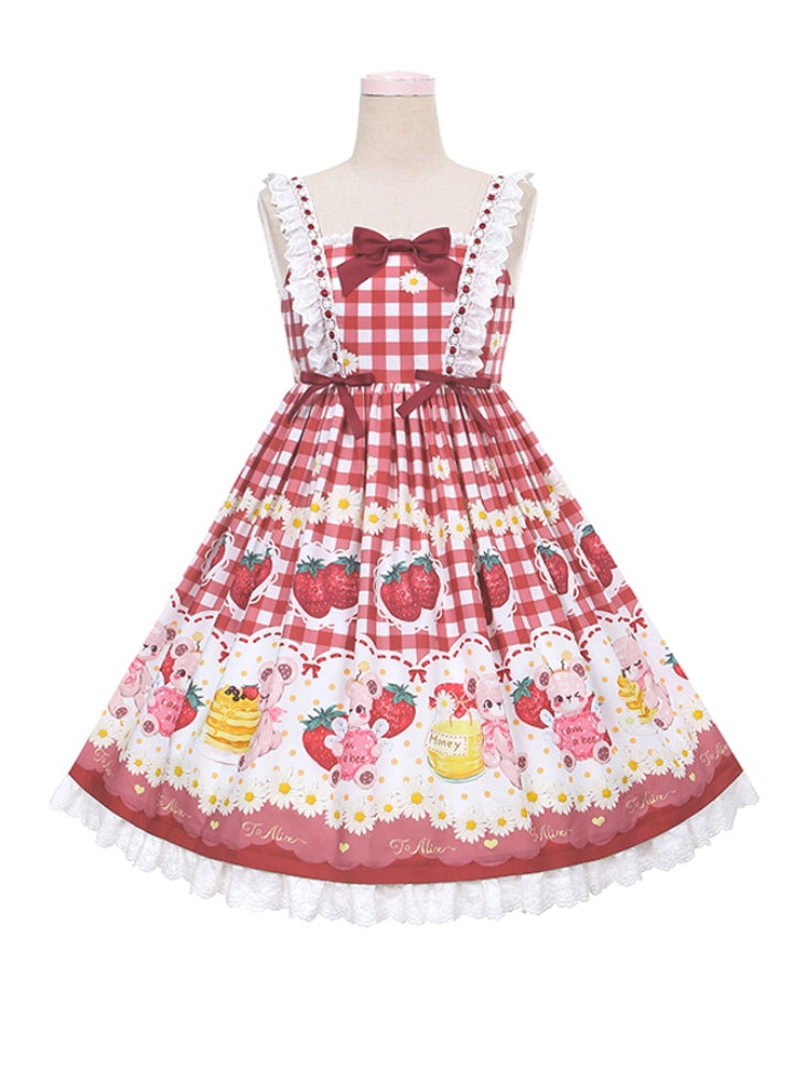 Wine Red Plaid Strawberry and Bear Print Cottagecore Country Sweet Lolita Dress Jumper Skirt