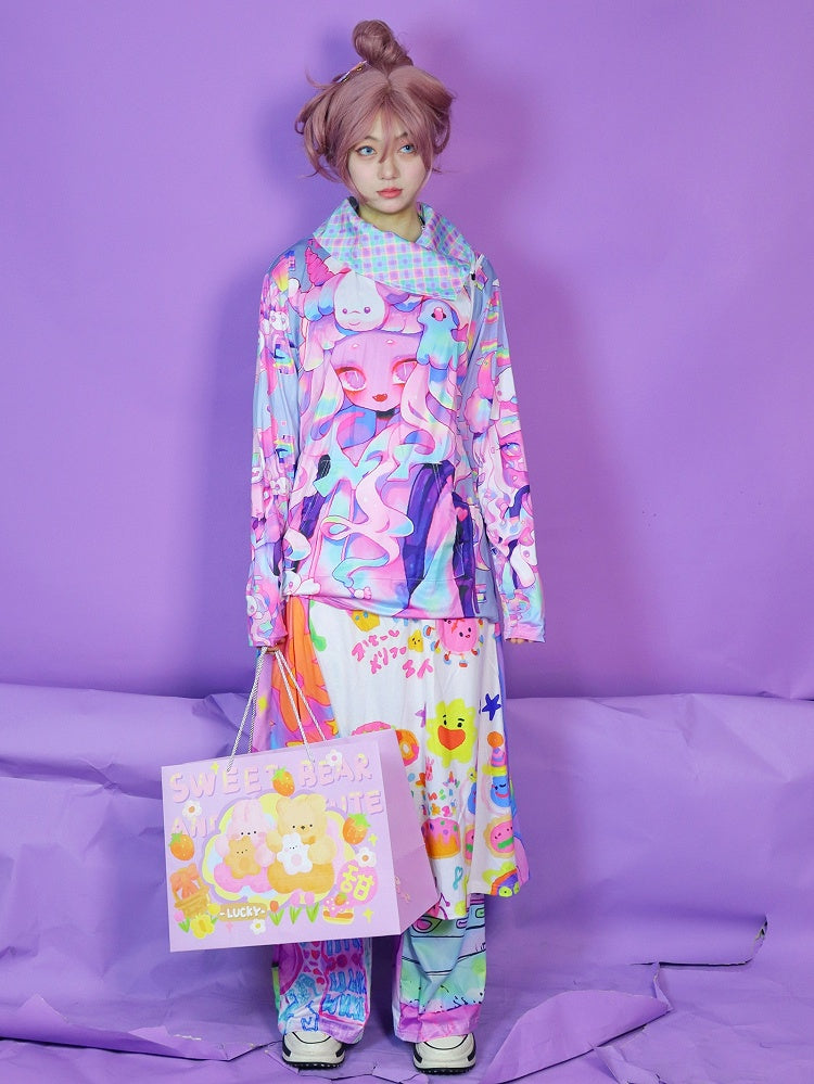 Cartoon Print Neck Top Schildkröte Übergroßes buntes Muster Lange karierte Ärmel Y2K