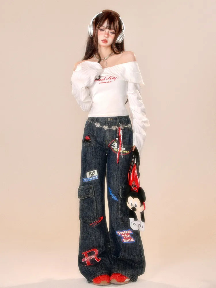 Cargo Jeans High Leg Dark Blue Wide Street