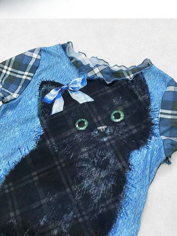 Plaid And Pattern Bittersweet Rolled Print Letter Cat Y2K Blue
