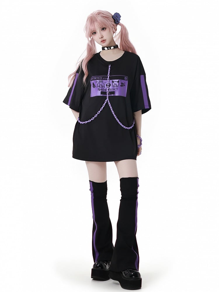 and Purple Elastic Waist Sports Shorts Black