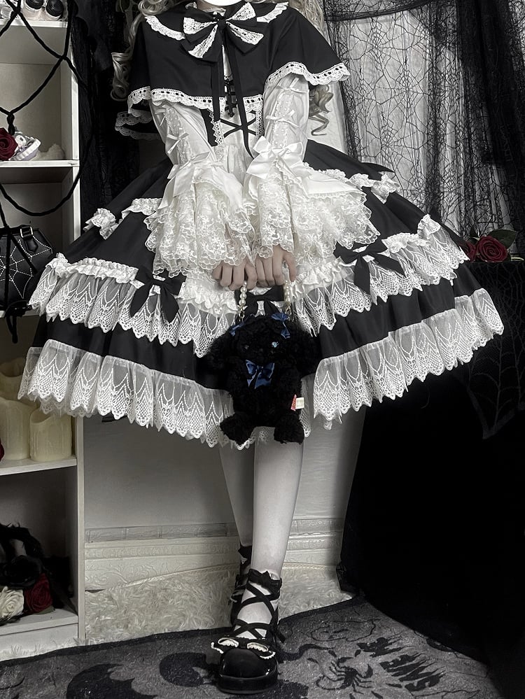 黒と白のオールドスクールロリータファッションドレス蝶結びロリータJSKセット