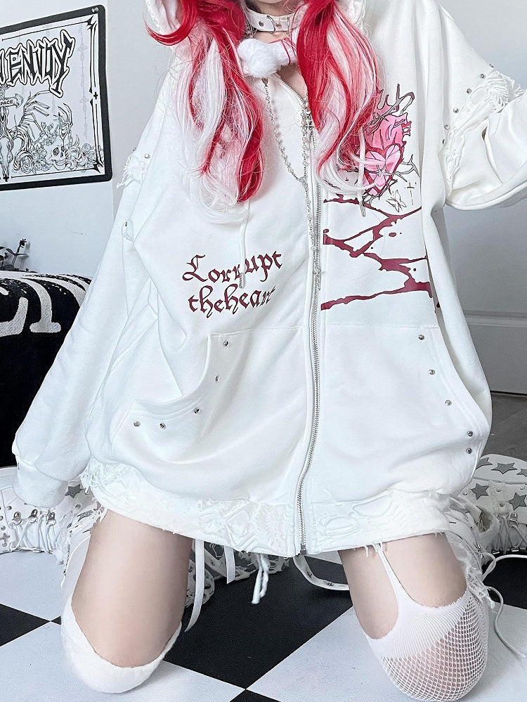 Guro Cat Print Heart Decorated Zip-up And Ear Hoodie White Letter Kawaii Studs