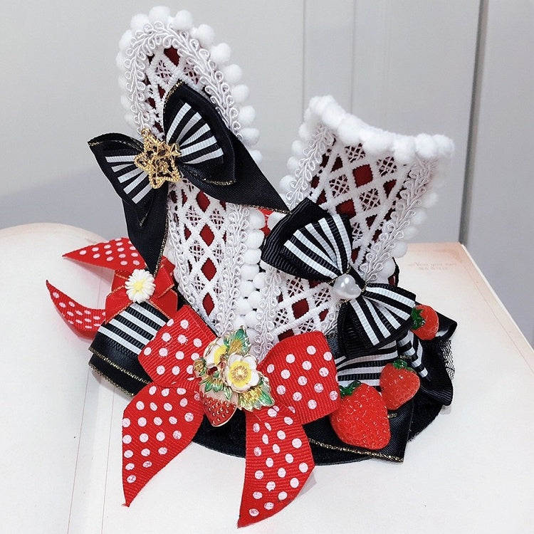 Mini Bunny Lolita Details Verzierte Ohren Süße rot/schwarze Erdbeer-Schleife Hut