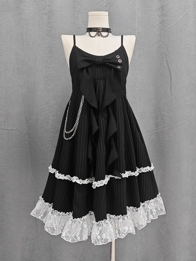 Skirt Cami Dress Big Bow Neckline Black with Striped Waist Detachable Chain Bubble