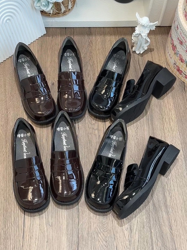 PU 2.5cm with Slip-in Brown Fit Heel Loafers Leather Design