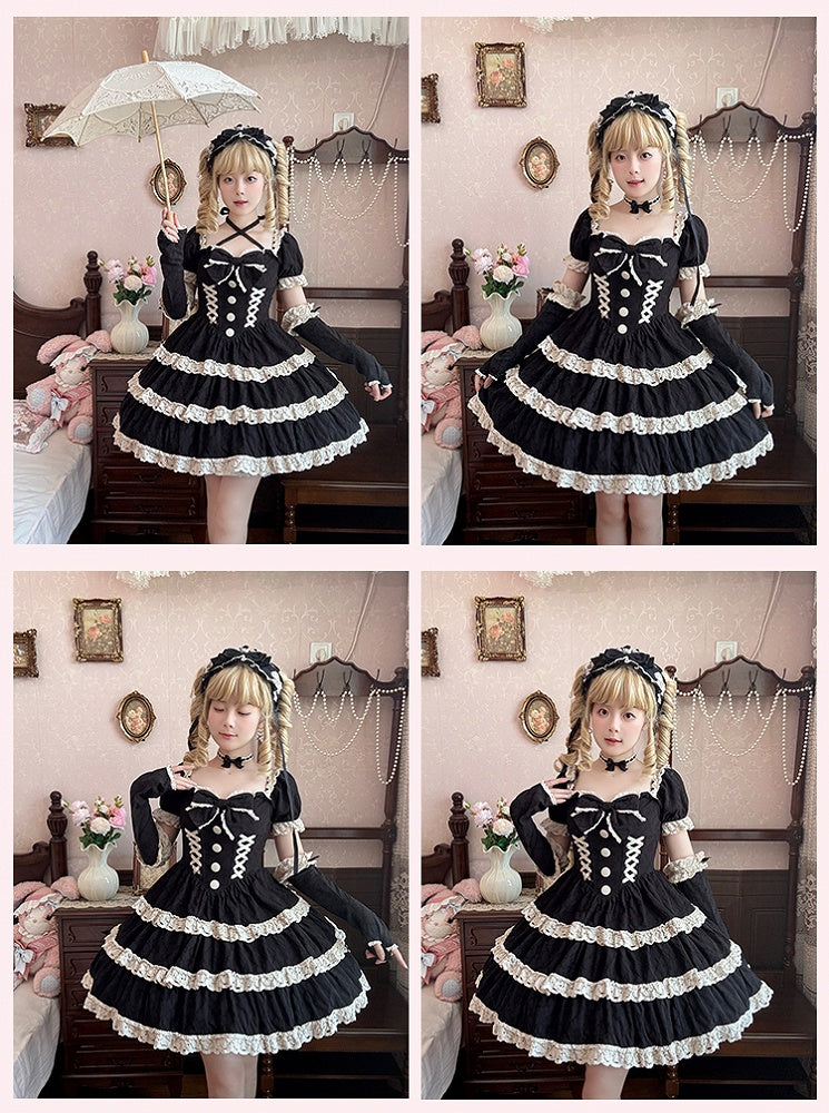 and Lolita Waist One Lace Piece Basque School Dress Beige Old Black Trim