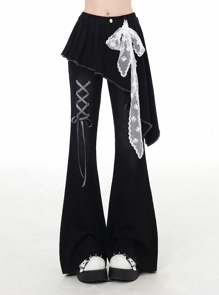 Waist Lace Belt Flared Pants Black Asymmetrical Hem Lace-up Faux Two-Piece Detail with
