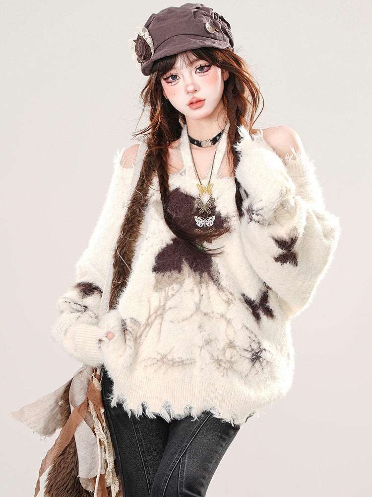 Apricot/Schwarz Schmetterlinge Neckholder Mohair Lose Pullover