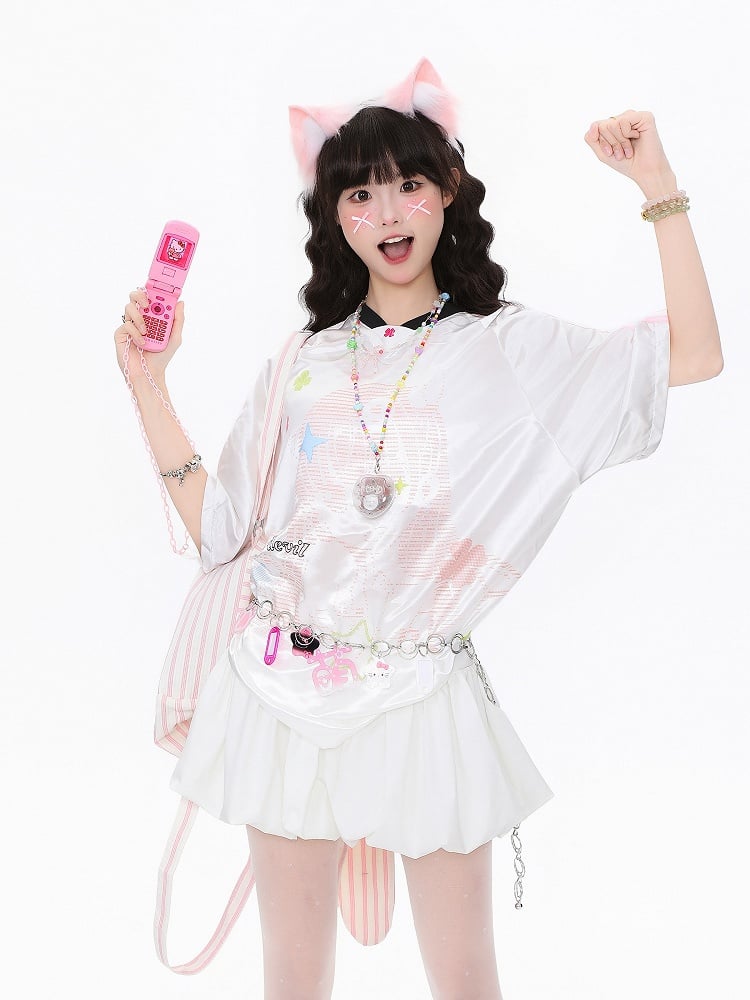 Blue/Pink Oversized Satin Short Sleeve T-Shirt with Clover