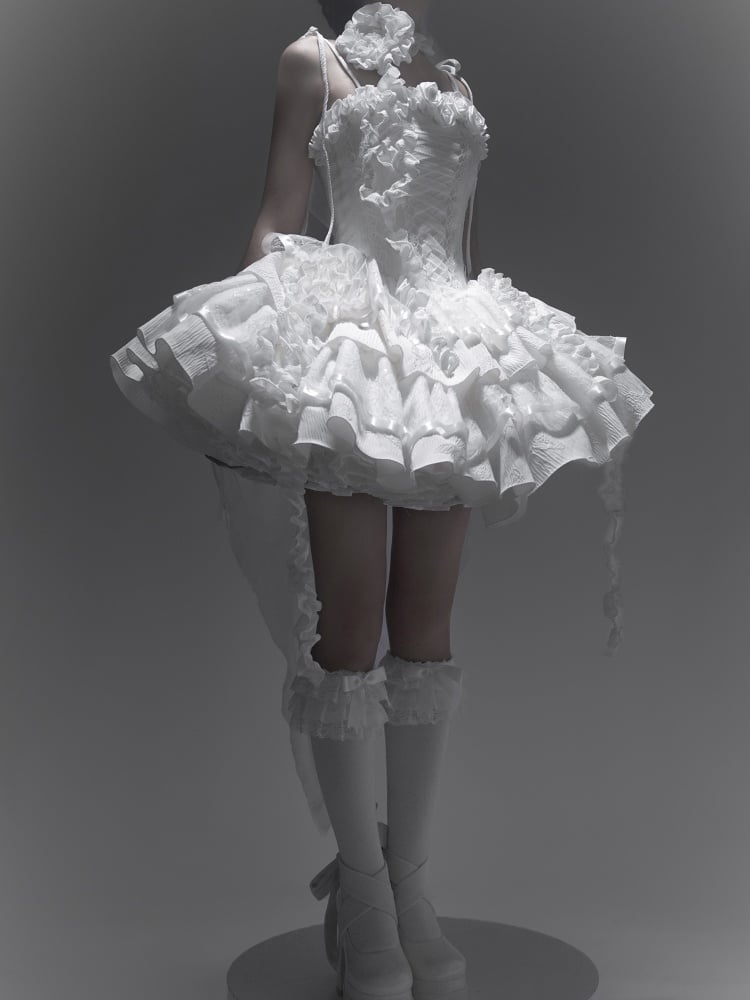 Robe gothique Lolita à col en V et manches papillons, motif ange et roses blanches