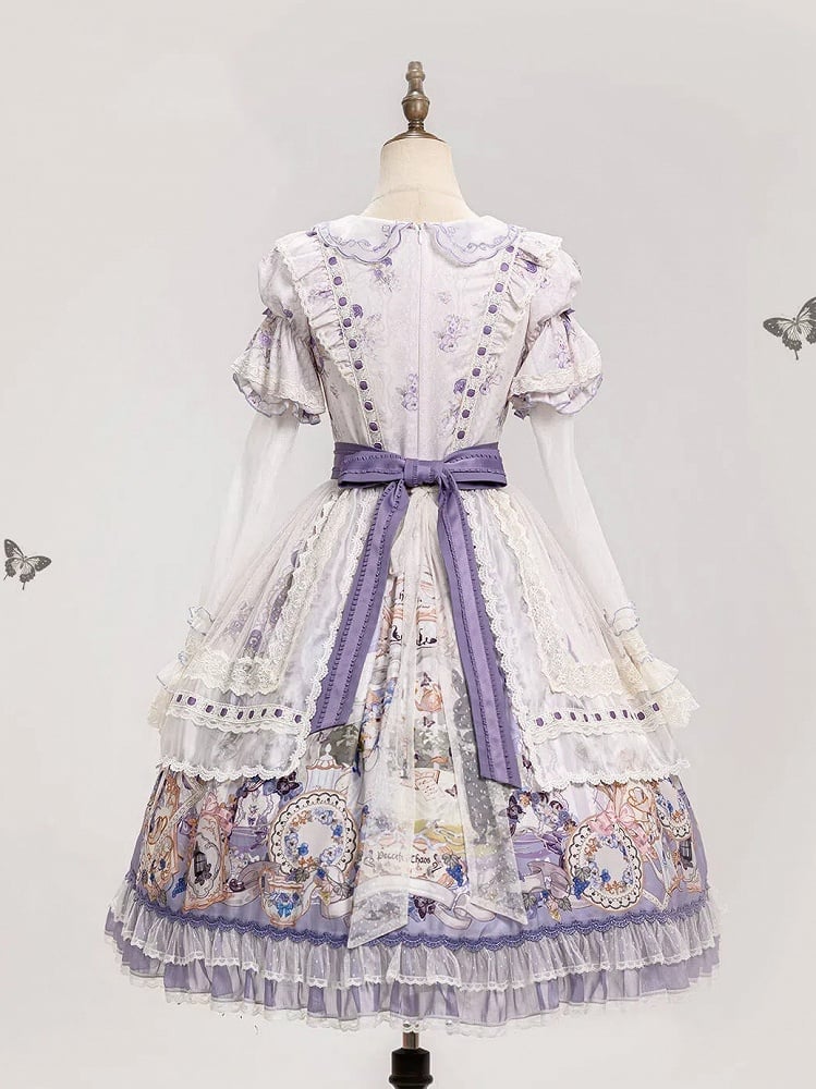 Floral Dress Sleeves Party and Bunny Purple Light Lolita Print with Detachable Tea