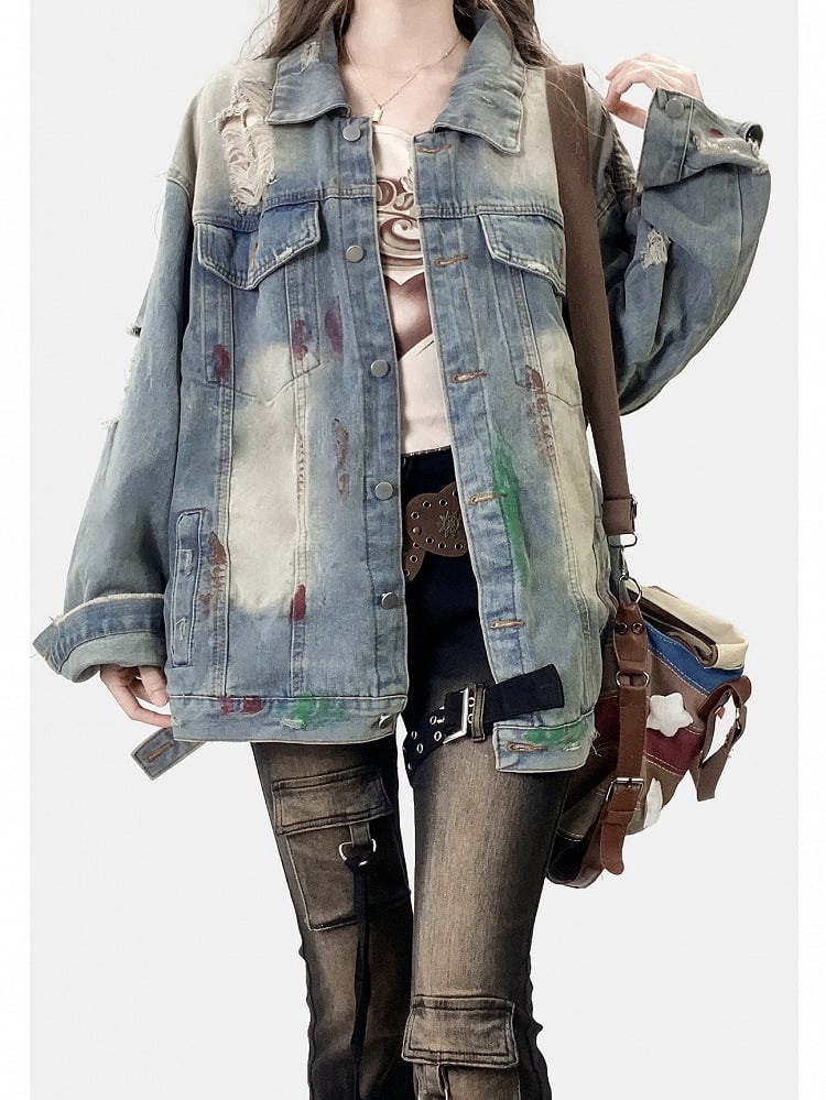 Design Jacket Holes Distressed Details Blue Print Light Denim